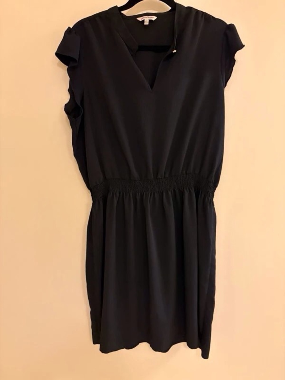 Women's Black V-Neck Midi Dress with Elastic Waist